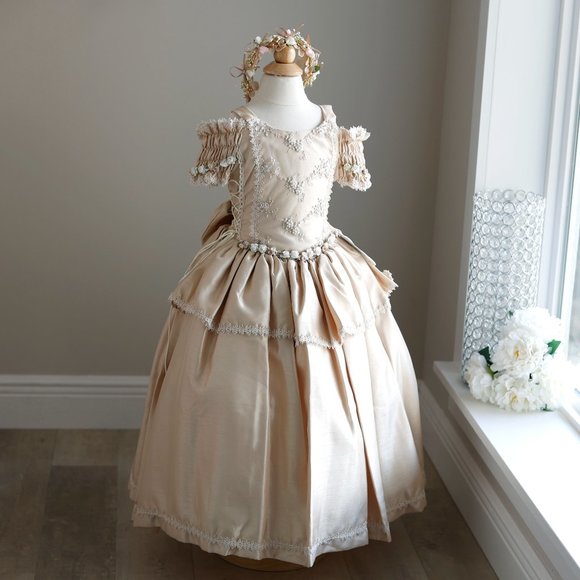 Flower Girl Dress Party Royal Princess Champagne Light Gold Girls Size 4 - Picture 2 of 6